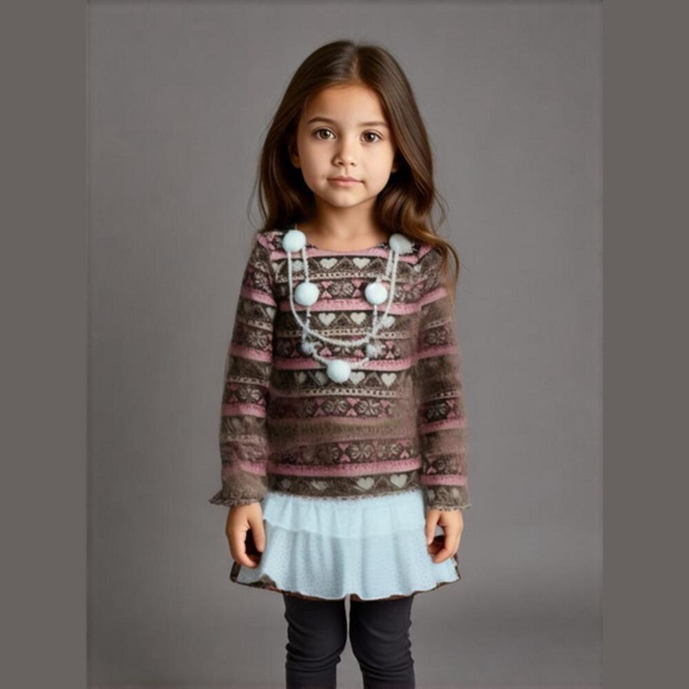 Little Mass Girls Sweater Size 4 Pink Tan Necklace‎ Fair Isle Hearts Snowflakes